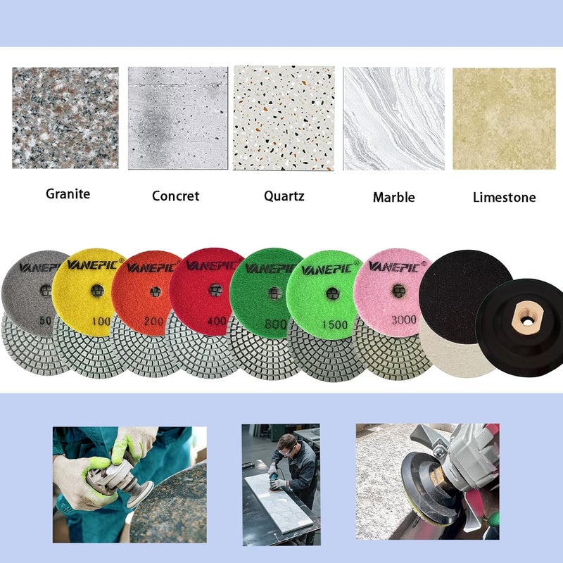 VANEPIC 4 Inch Diamond Polishing Pads Marble polishing kit 50-3000 Wet/Dry Set 12 Pieces for Drill Grinder Polisher for Concrete Marble Quartz Stone Countertop Granite polishing refurbishment - Image 3